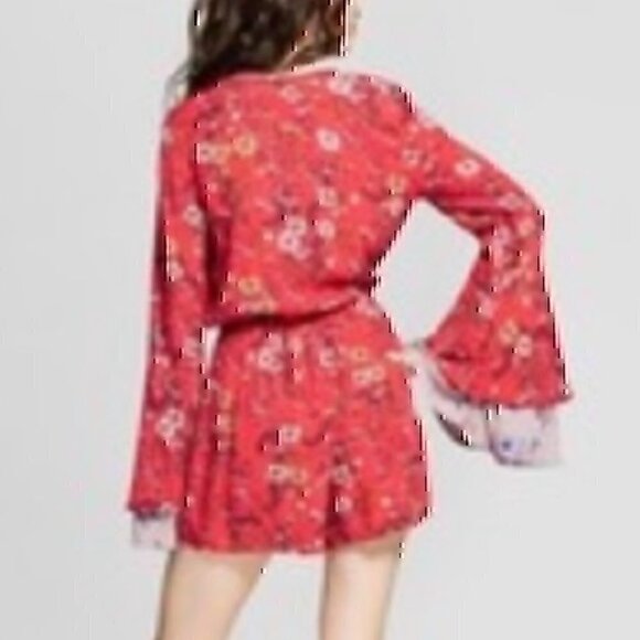XHILARATION Coral Red Multi Floral Long Bell Flare Sleeve Wrap Surplice Romper S - Picture 3 of 12